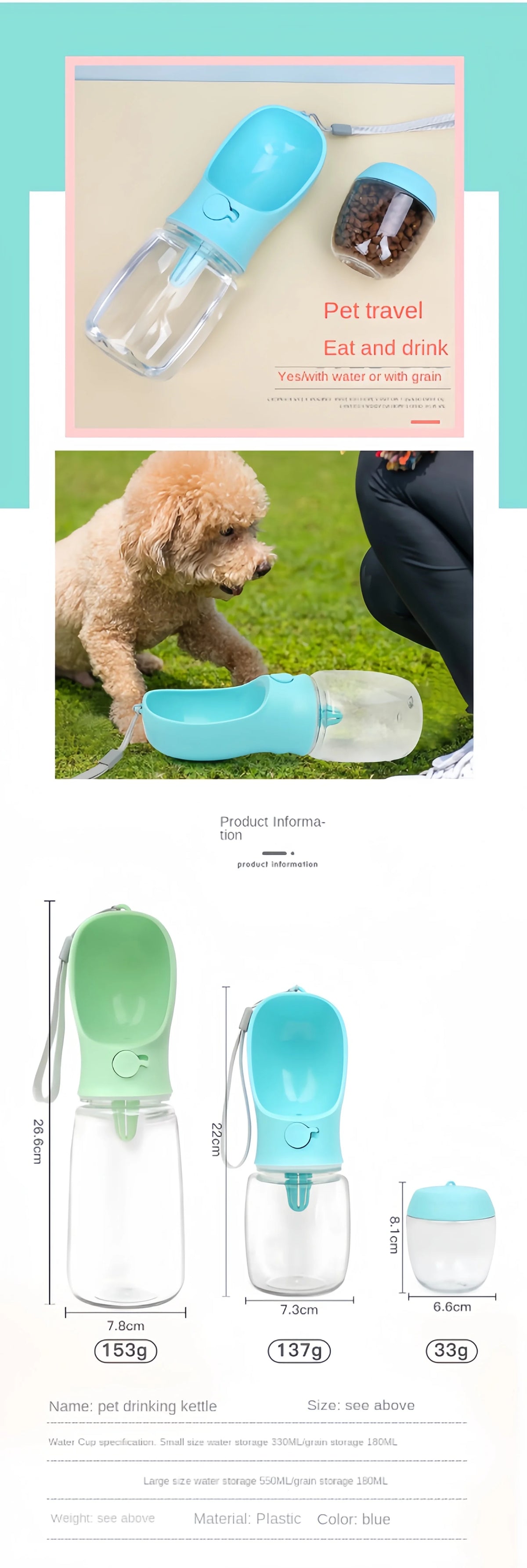 Portable Dog & Cat Water Bottle with Food Storage – Travel Feeder Bowl