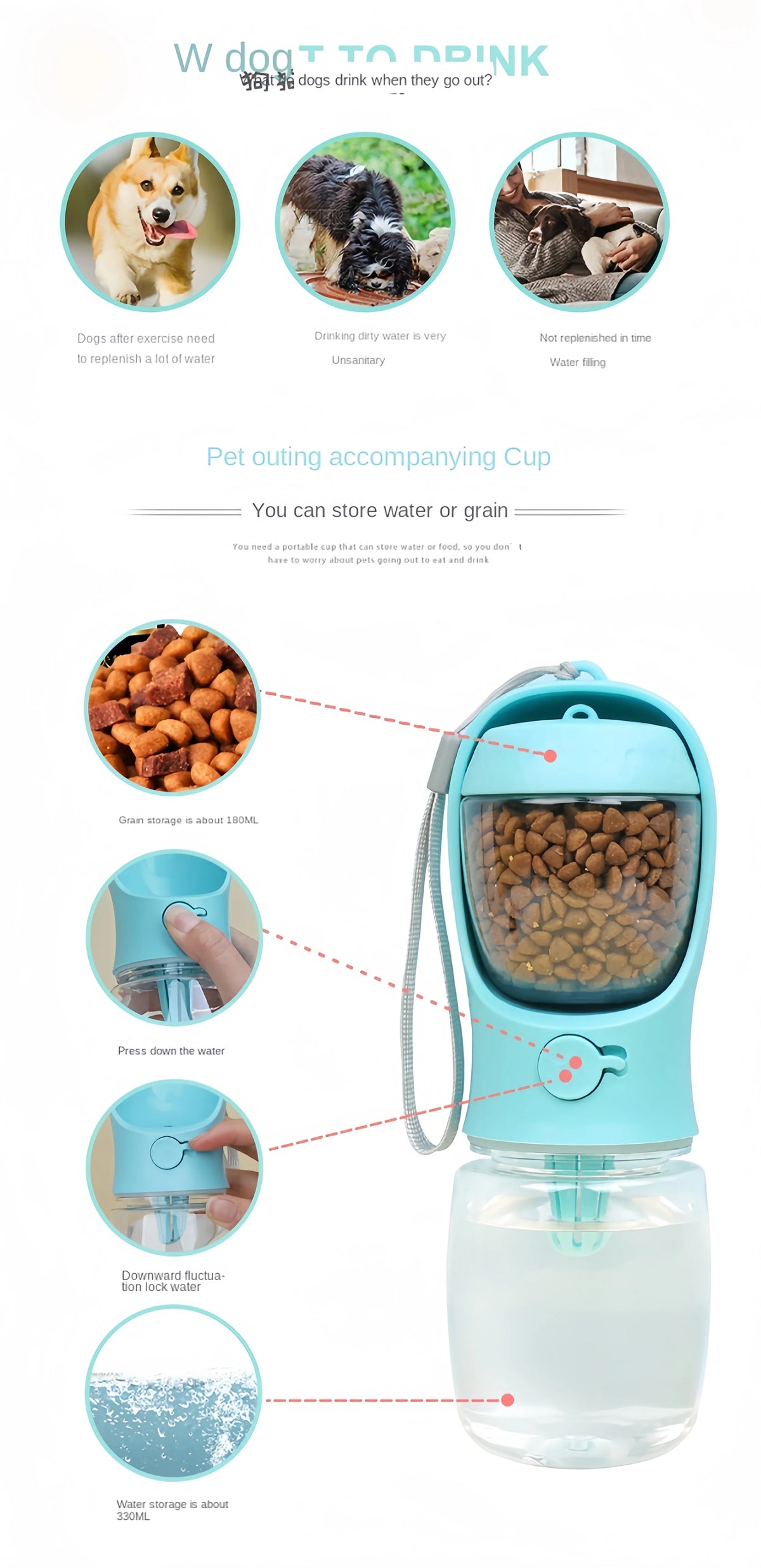 Portable Dog & Cat Water Bottle with Food Storage – Travel Feeder Bowl